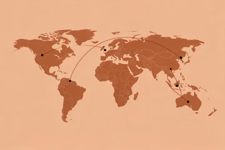 Map-style illustration for regional specialty media inquiry routing