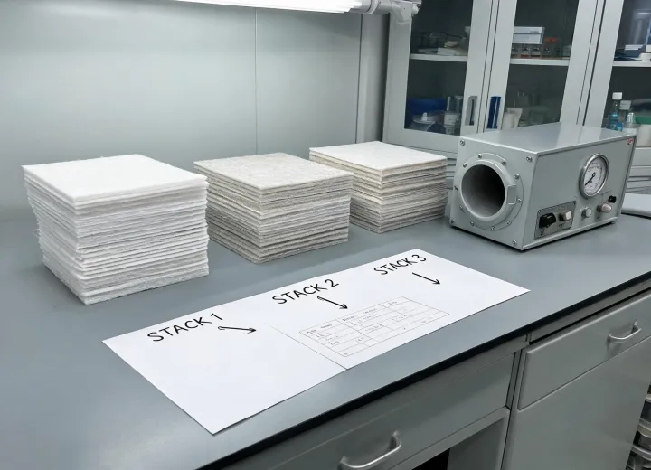 Filter media sheets prepared for bench comparison